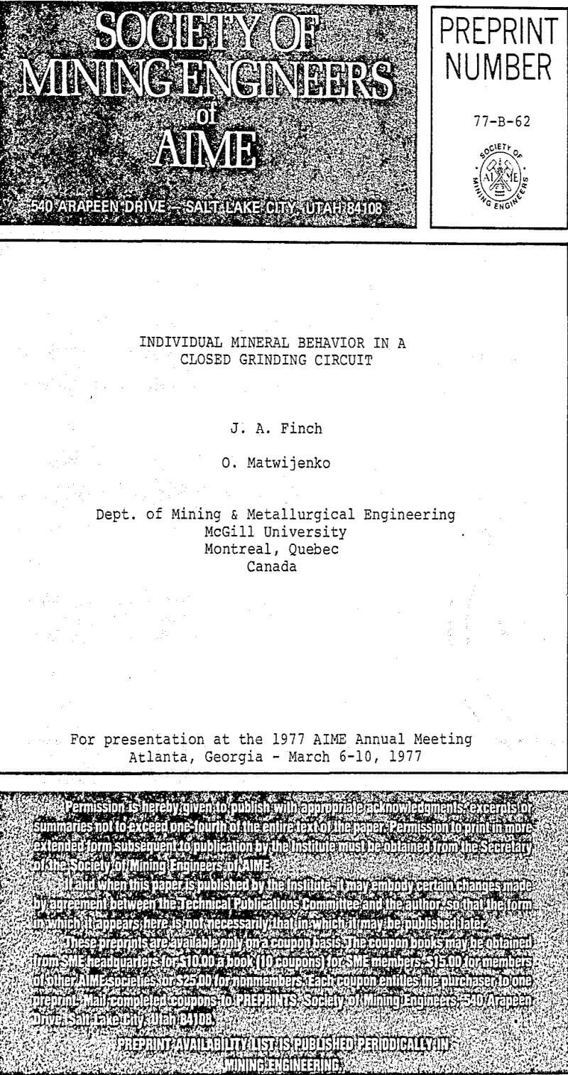 individual mineral behavior in a closed grinding circuit