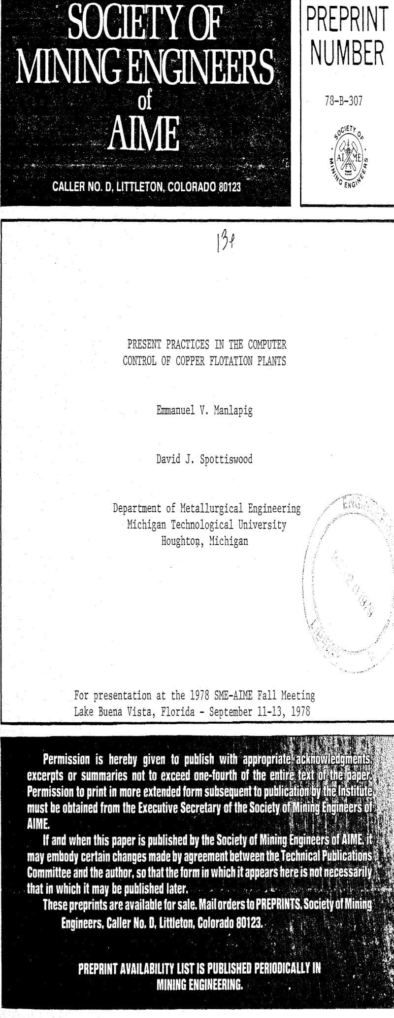 present practices in the computer control of copper flotation plants