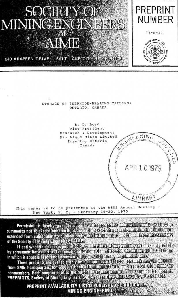 Storage of Sulphide Bearing Tailings - 911Metallurgist storage of sulphide-bearing tailings ontario canada